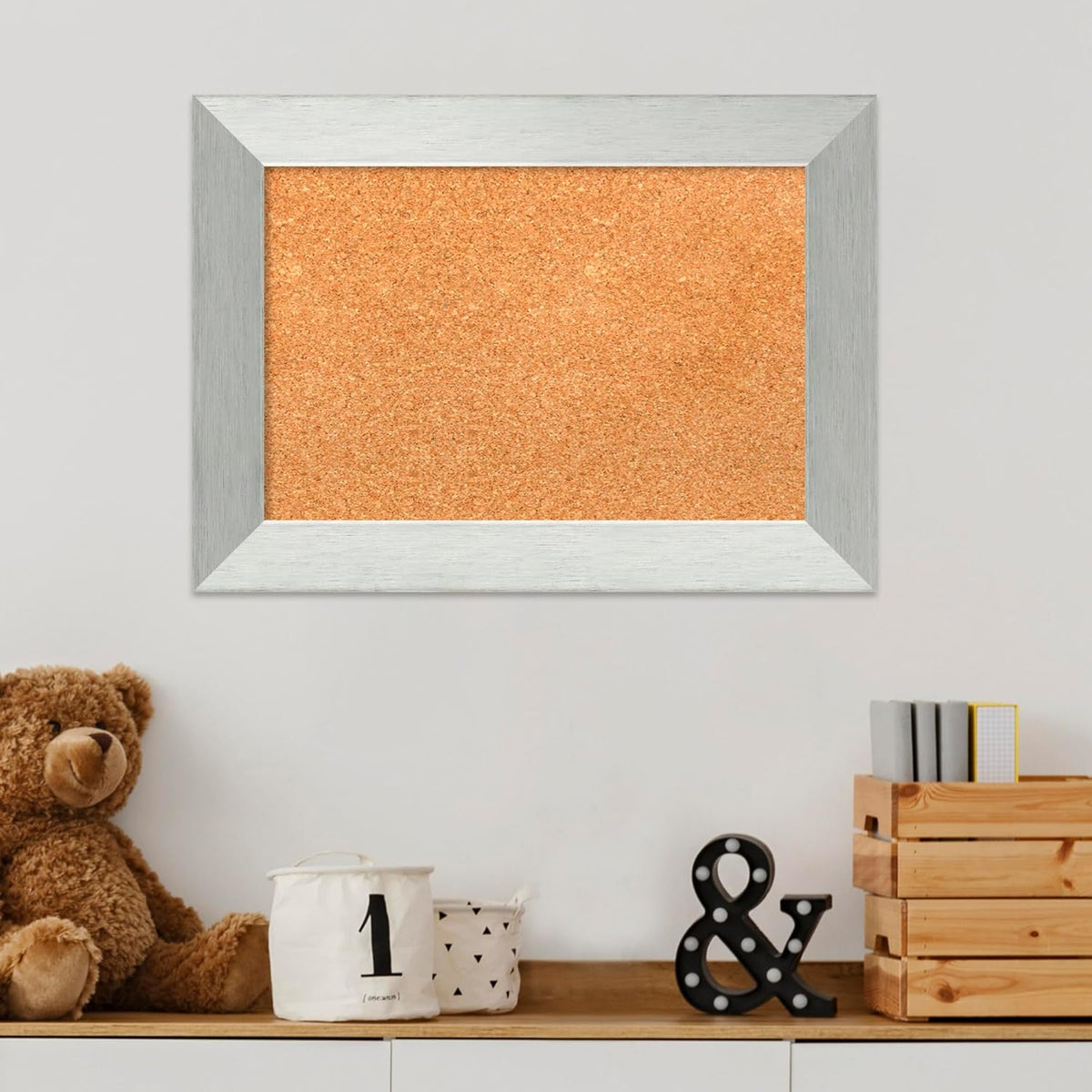 Amanti Art Natural Cork Board for Wall, 16x22 Vision Board with Silver Wood Frame, Small Corkboard Office Decor for Home Organization, Modern Corkboard Pinboard to Display Items for Home Organization