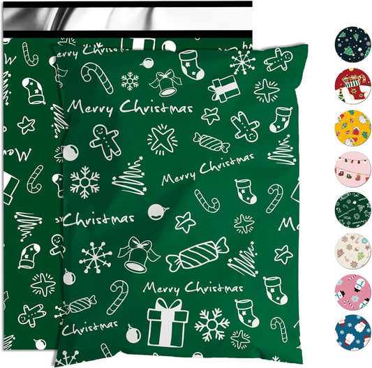 Christmas Poly Mailer 10x13 Inch 100 Pcs, Waterproof Shipping Bags for Clothing, Tear-Resistant Mailier Bags, Strong Mailing Bags with Self-Seal - Green Merry Christmas