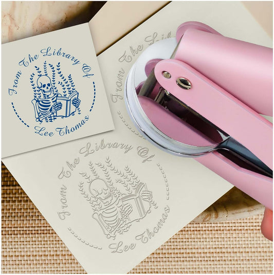 Skull Themed Library Book Embosser， Custom Book Business Card Paper Document Notebook, Self Inking Stamp，Book Lover Gifts，Christmas Gifts (Style03)