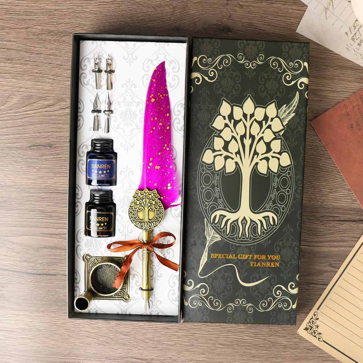 Feather Pen and Ink Set,quill pen ink set,Antique Calligraphy Pen with 4 Replaceable Nibs,2 Bottle of ink,Pen Holder Christmas Gift for Men&Women.(Purple)