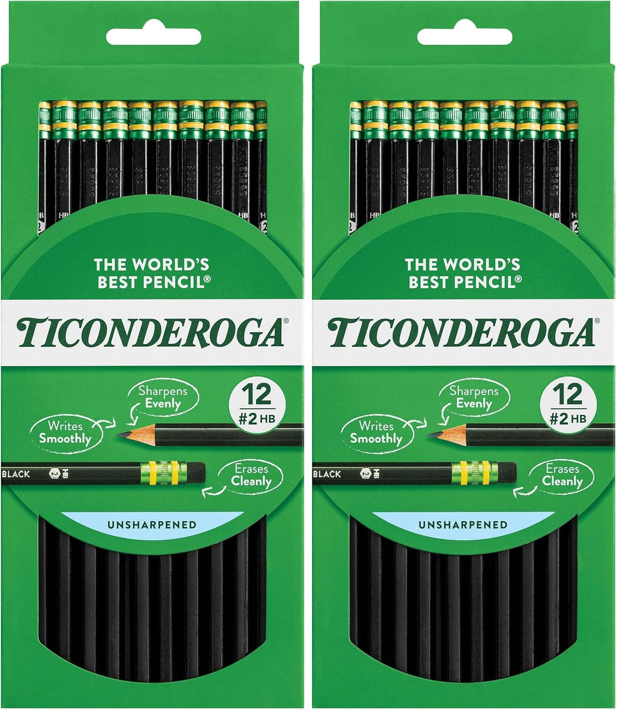 Ticonderoga Wood-Cased Pencils, Unsharpened, 2 HB Soft, Black, 12 Count (Pack of 2)