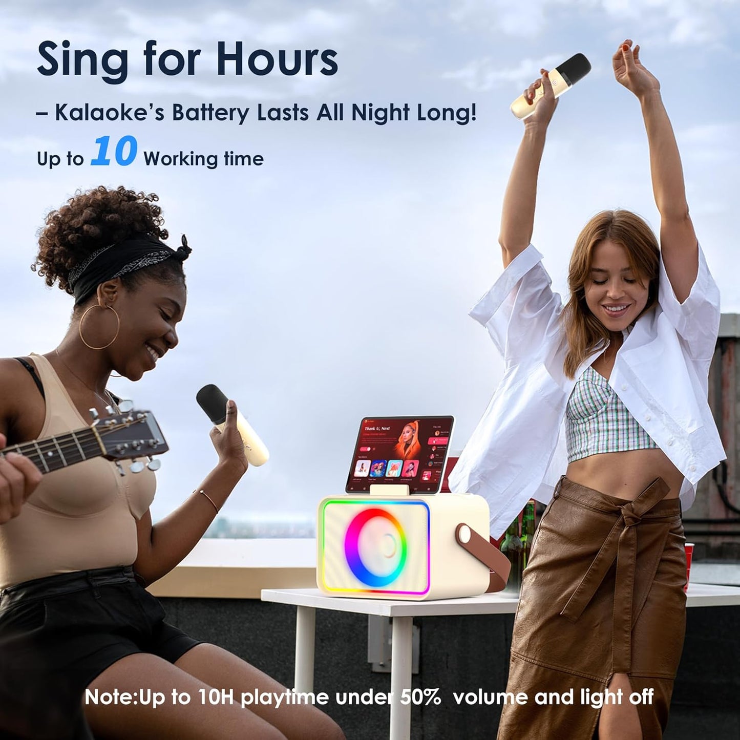 Karaoke Machine,Portable Bluetooth Speaker with 2 Wireless Microphone for Adults & Kids with LED Lights, Karaoke Microphone with PA System Supports USB/TF/AUX,Gift for Party (Beige)