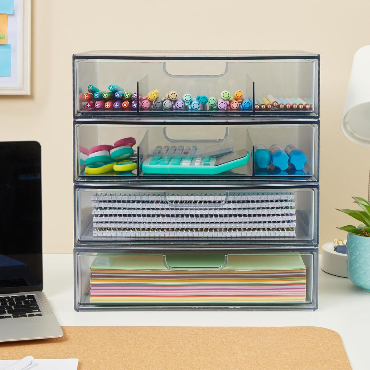 STORi STAX Plastic Stackable Organizer Drawers (Set of 2) Classic Grey | 12.5" Wide | Set Includes One Open Drawer & One Divided Drawer | Organize Office Desk Accessories & Sort Paper | Made in USA