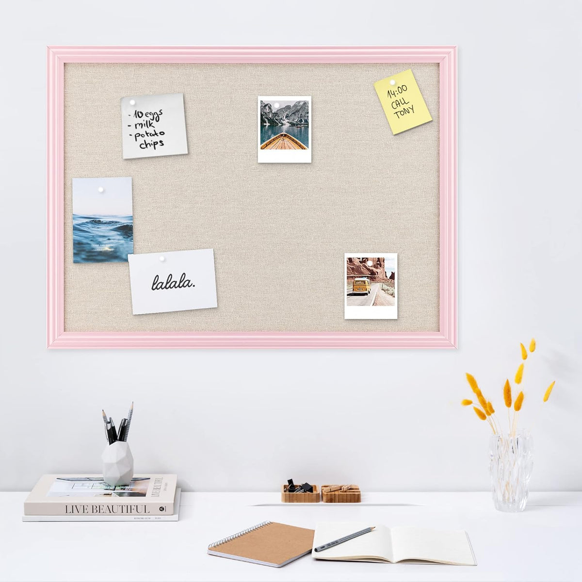 Navaris Framed Linen Bulletin Board - 17 x 23 inches Fabric Jewelry Organizer Pinboard for Wall Memory Memo Pin Board - Natural Linen with Pink Frame