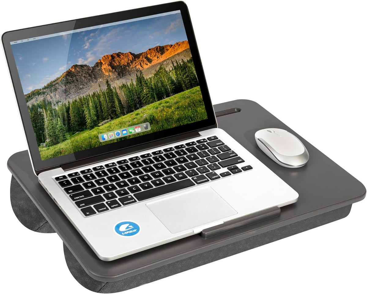 LAPGEAR Original Lap Desk – Large (17.9” x 13”) | Fits Up to 17.3” Laptops | Cushioned with Device Ledge, Pencil Tray & Handle | Portable & Lightweight | Charcoal – Style No. 45155
