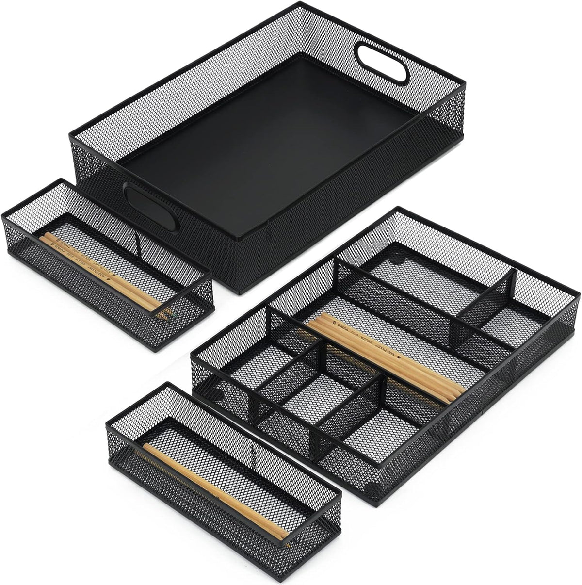 Neudeco Desk Drawer Organizer with 6 Adjustable Dividers, Metal Pen organizer for desk drawer,Mesh Office Desk Drawer Organizer Tray for office supplies (Pack 4, Black)