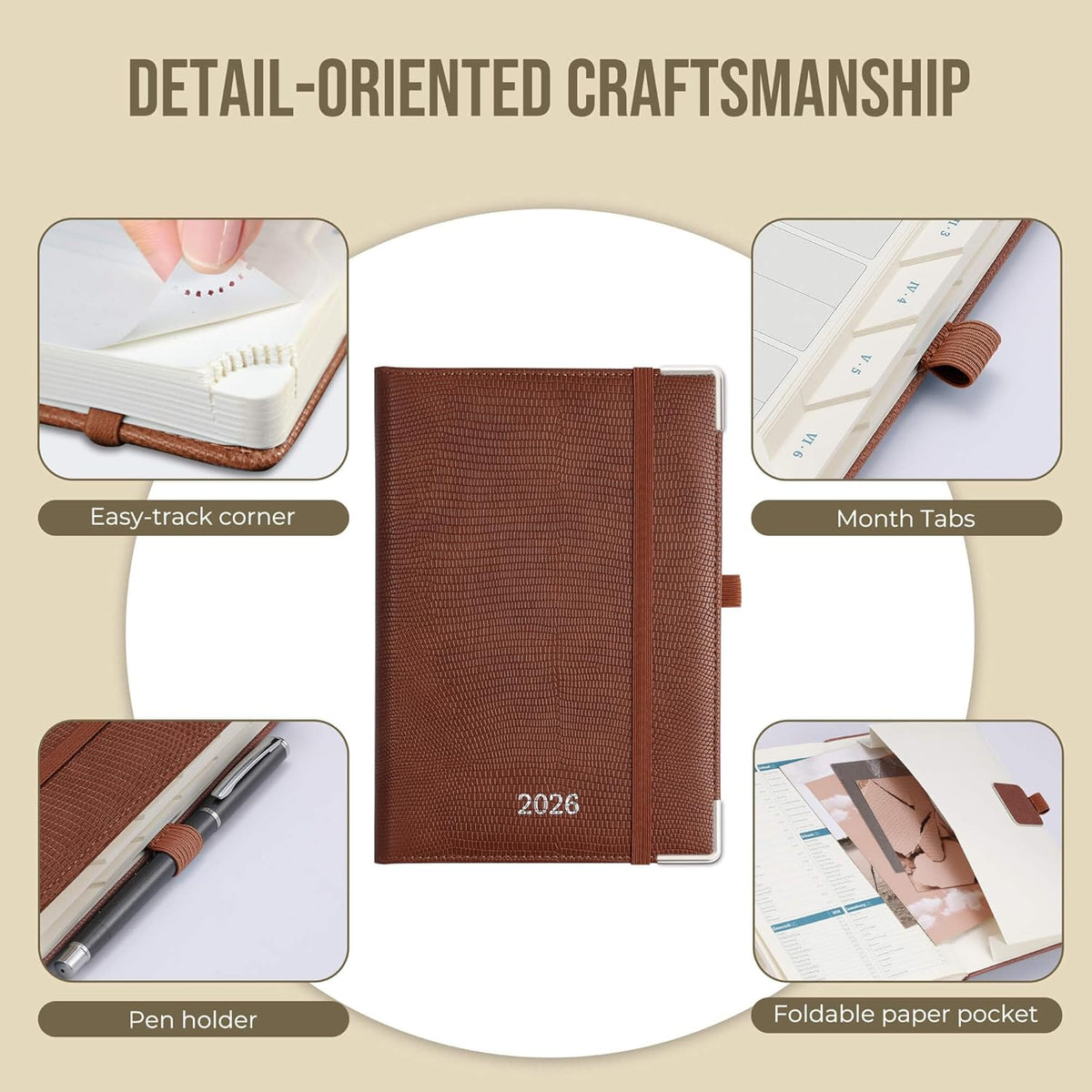 Daily Planner 2026 with One Page Per Day,(A5-8.5" x 5.9"),12 Months Calendar Hourly Appointment Book Monthly Tabs&Self-adhesive Pen Holder,Inner Pocket,Durable Vegan Leather Hardback,Brown