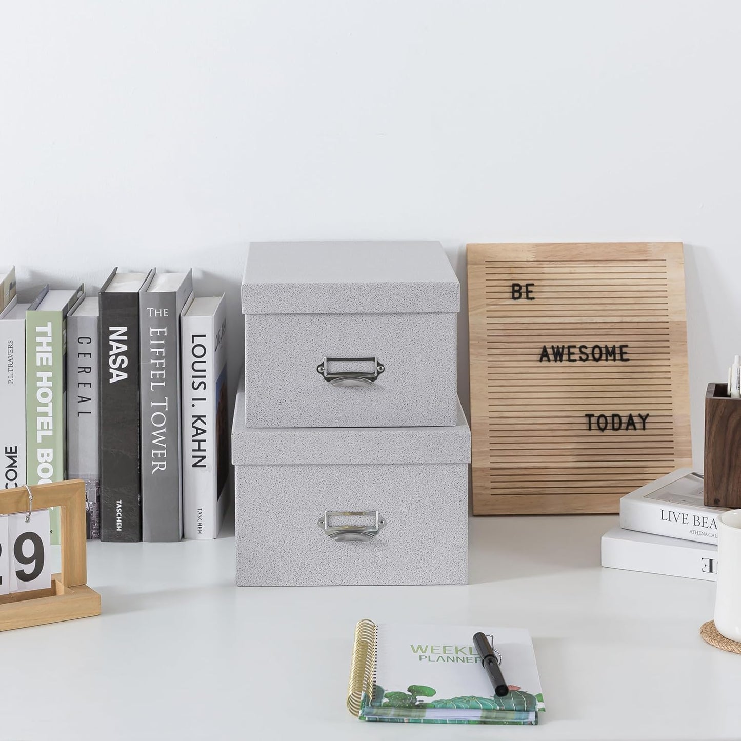 Soul & Lane Decorative Cardboard Storage Boxes with Lids, Set of 2 Stacking Keepsake Photo and Memory Boxes for Home & Office, Paperboard Organizers with Label Holders and Drawer Pulls, Cloud Gray