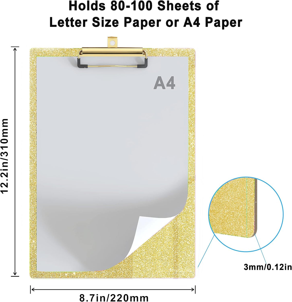 Glitter Acrylic Clipboard Decorative Standard A4 Letter Size 12.2" x 8.7", Fashion Bling Clip Boards with Designed Low Profile Gold Clip for Classroom Office - Gold