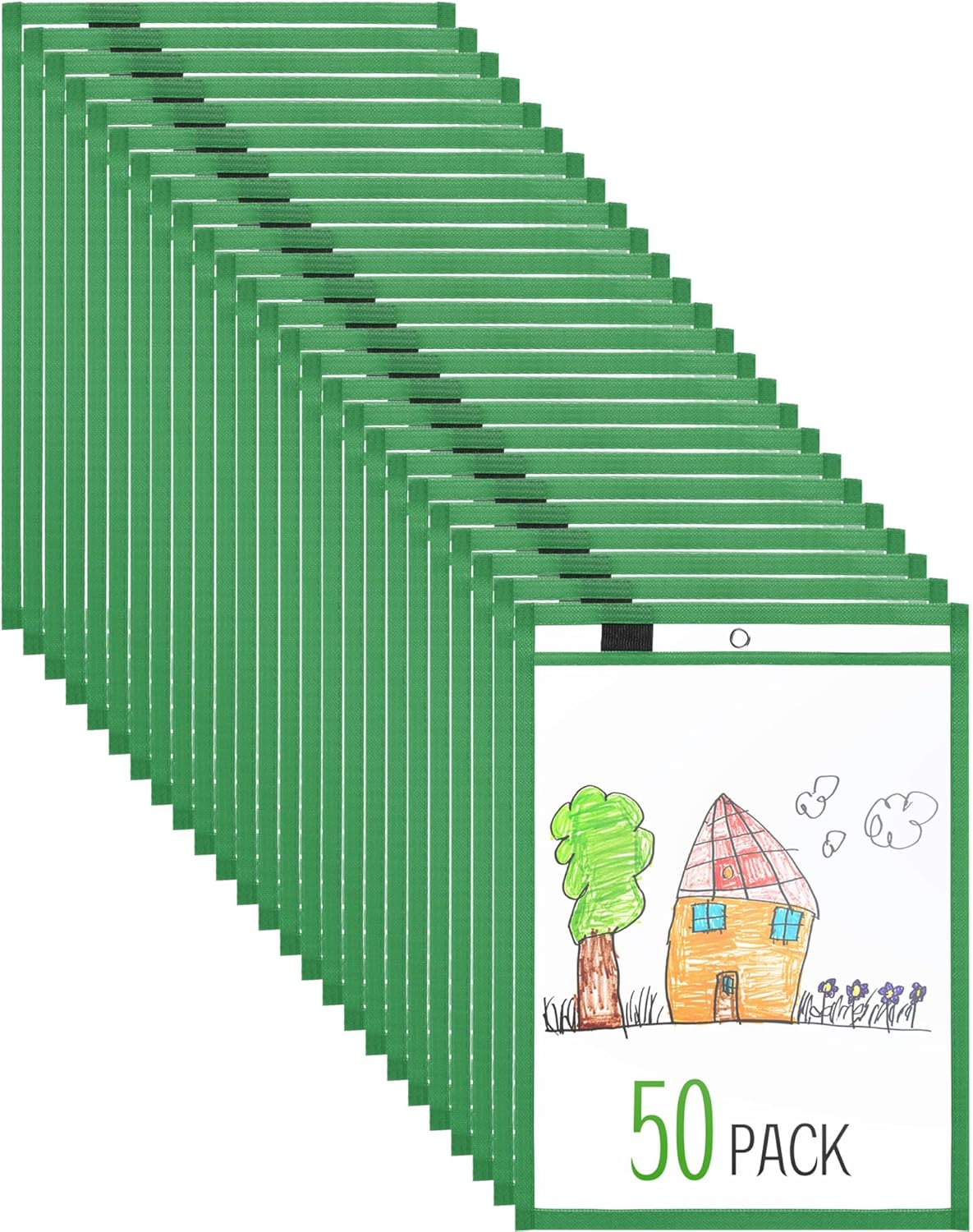 Nezyo Dry Erase Pockets Plastic Job Ticket Holders Shop Holder Order Pockets Clear Sleeves Tickets Folders Plastic Sleeves Paper Teacher Supplies for Classroom(14 x 10 in,Green,50 Pcs)