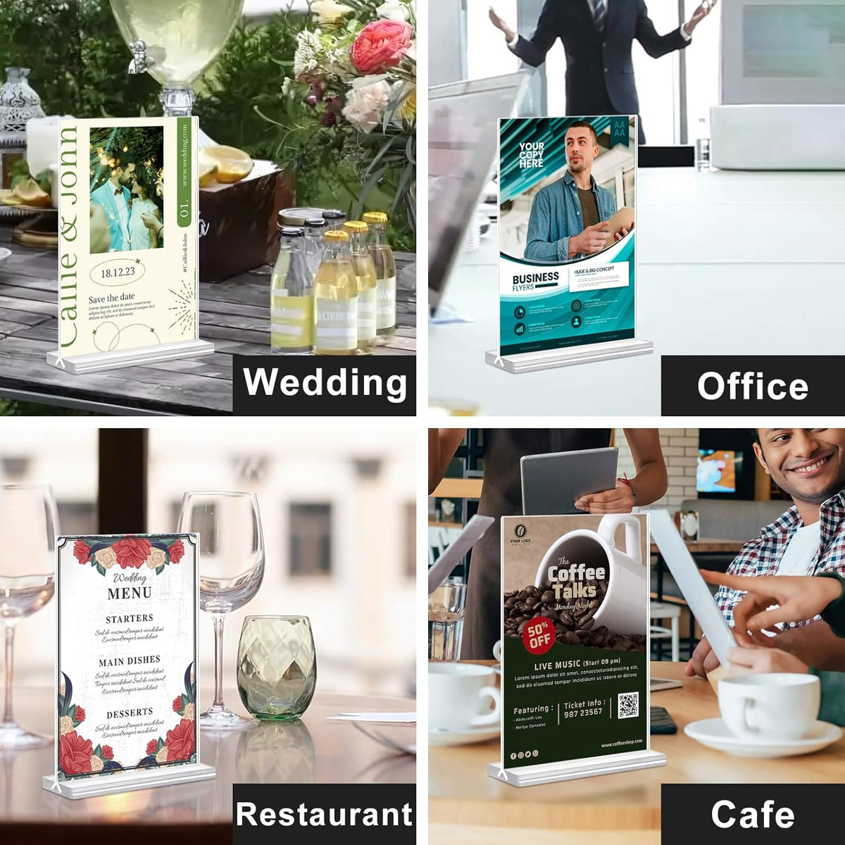 Acrylic Sign Holder 5.5x8.5 Inches 4 Pack, Double Sided Clear Display Stand Table Top Sign Paper Holder, Vertical Menu Flyer Holder, Plastic Sign Frame for Stores, Restaurants, Hotels, Office