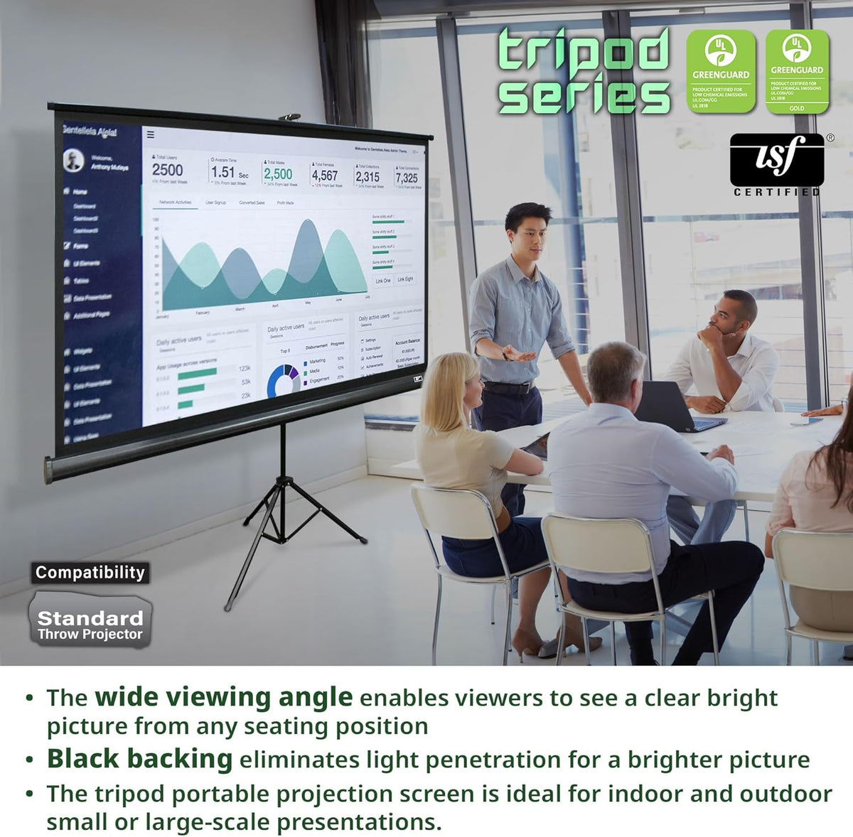 Elite Screens Tripod, 100-Inch 16:9 Portable Projector Screen with Stand– MaxWhite 2, 1.1 Gain, Adjustable Indoor Outdoor Pull Up Projection Screen for Home Theater, Office & Classroom, T100UWH, Black