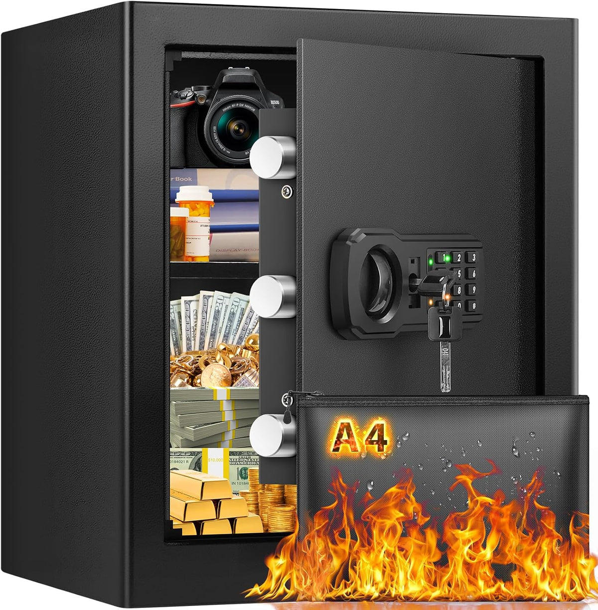 Large Fire proof Safe Box for HOME USE, 2.3 Cuft Digital Security Box with Combination Lock & Fireproof A4 Document Bag, Home Safe Fireproof Waterproof for Money Medicine Documents Valuables