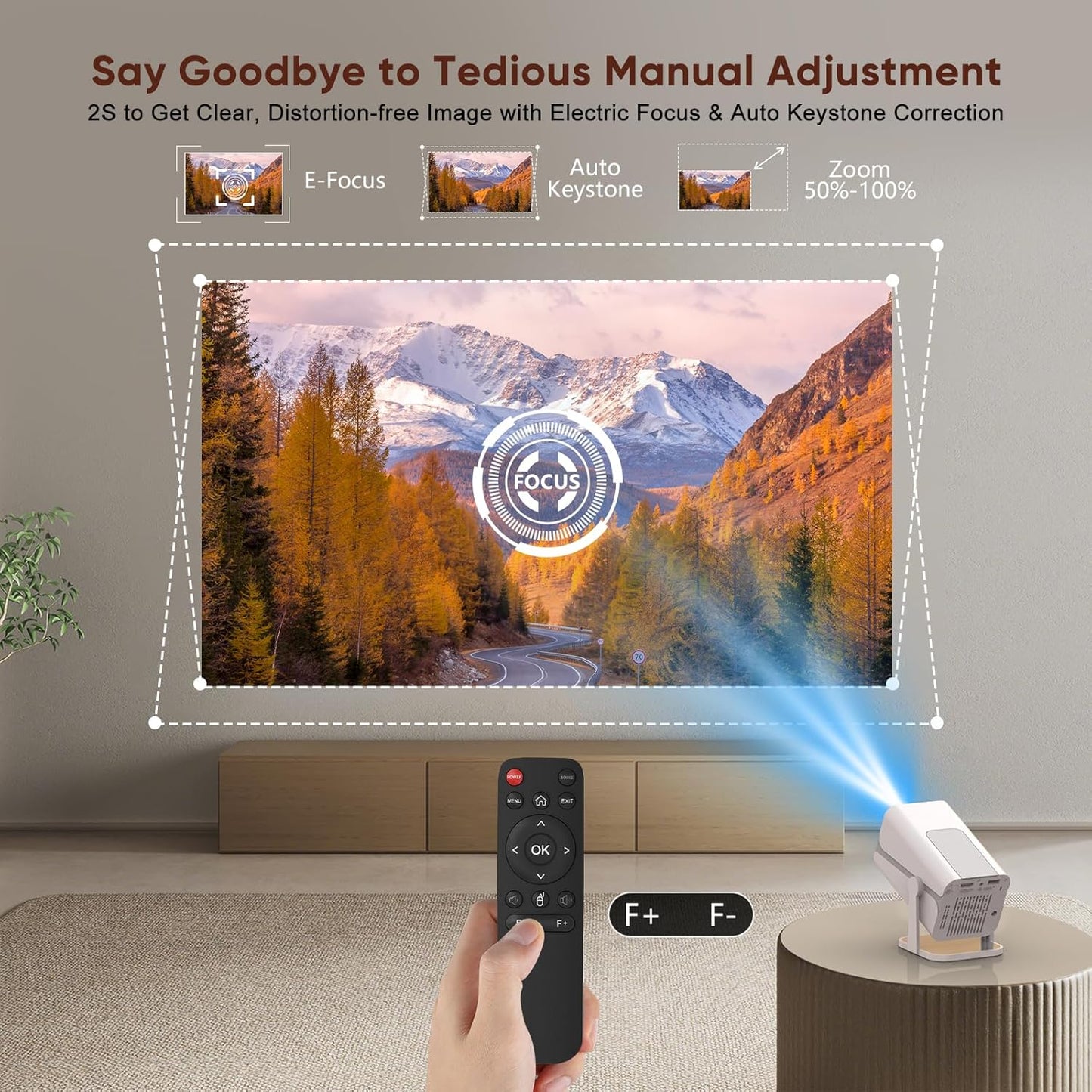 [Built-in Apps & Electric Focus] Smart Mini Projector with WiFi and Bluetooth, 270°Rotatable Portable Movie Projector 1080P Support, Auto Keystone Proyector for Smartphone/TV Stick/Laptop/HDMI