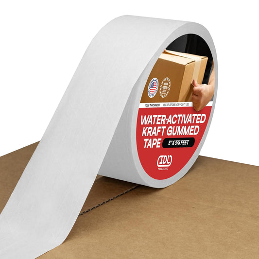 IDL Packaging 3" x 375 feet Reinforced Water-Activated Kraft Gummed Tape 70lb Thickness - Secure Paper Packing Tape for Secure Carton Sealing - Heavy-Duty for All Conditions, White