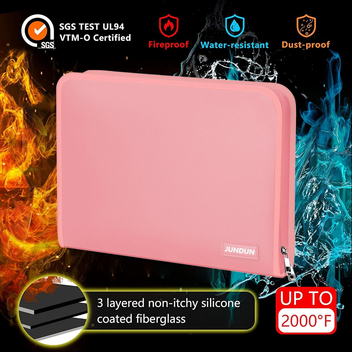 JUNDUN Accordion File Organizer - 12 Pocket Expanding File Folder with Zipper & Labels - Fireproof File Folder Organizer with Multi-Pockets,Document Organizer for Letter A4 Files and More (Pink)