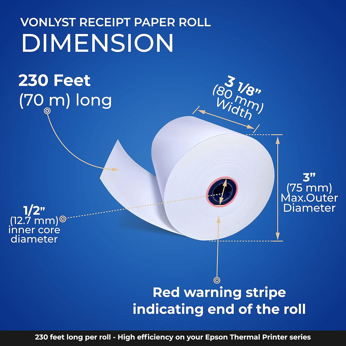 3 1/8 x 230 Thermal Paper Receipt Roll for Epson Printer (Pack 12 rolls)