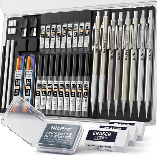 Nicpro 37PCS Art Mechanical Pencil Set, Metal Drafting Pencils 0.5 mm, 0.7 mm, 0.9 mm & 2mm Lead Pencil Holder (6B 4B 2B HB 2H 4H Colors) For Sketching Drawing With 20 Tube Lead Refills Eraser Case