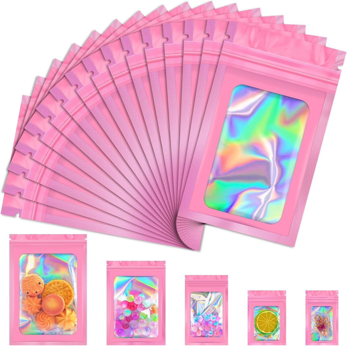 100 PCS Mylar Bags, Pink Holographic Bags, Resealable Bag for Small Business, Packaging, Foil Pouch Bag for Food Storage, Bracelets, Jewelry（4x6in）