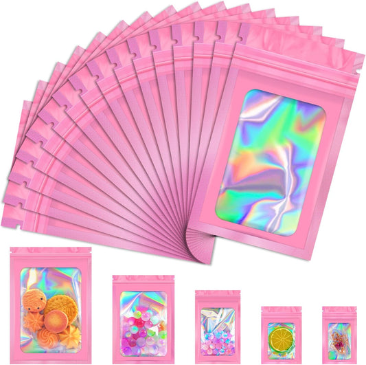 100 PCS Mylar Bags, Pink Holographic Bags, Resealable Bag for Small Business, Packaging, Foil Pouch Bag for Food Storage, Bracelets, Jewelry（4x6in）