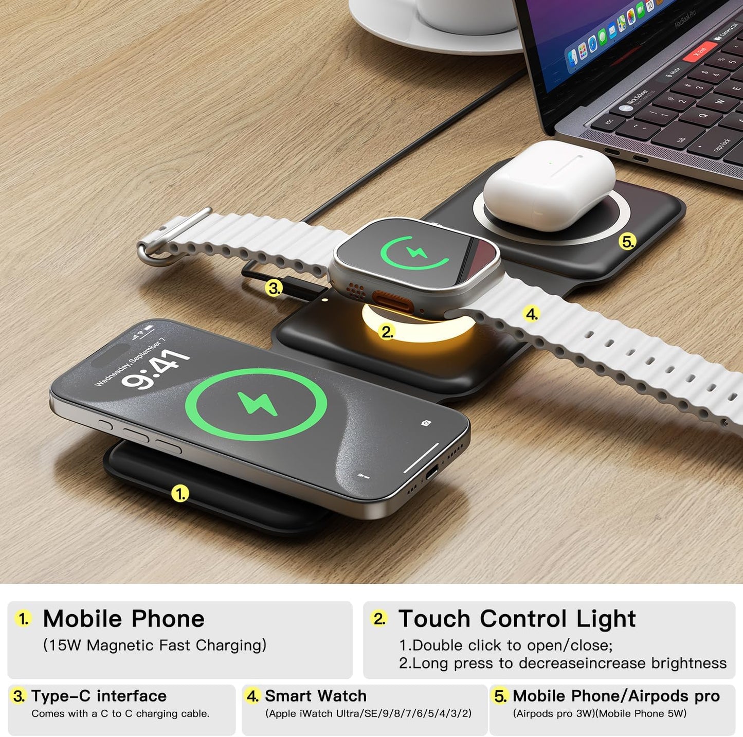 ESSAGER 3 in 1 Foldable Wireless Charger for iPhone 16/15/14/13/12/11 Series, Magnetic Wireless Charging Station, Travel Wireless Fast Charging Pad for Airpods 4/3/2/Pro, iWatch (3 in 1, Black)