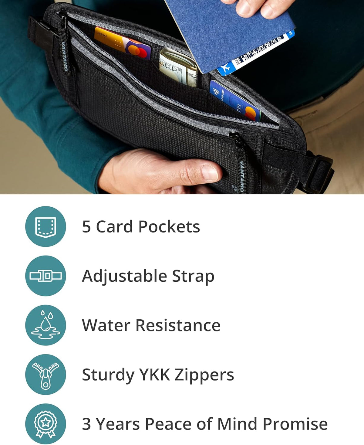 Vantamo Hidden Money Belt For Extra Safety, RFID Ultra-Thin Fanny Pack, 2 Compartment Money Bag Fits Passport & Phone