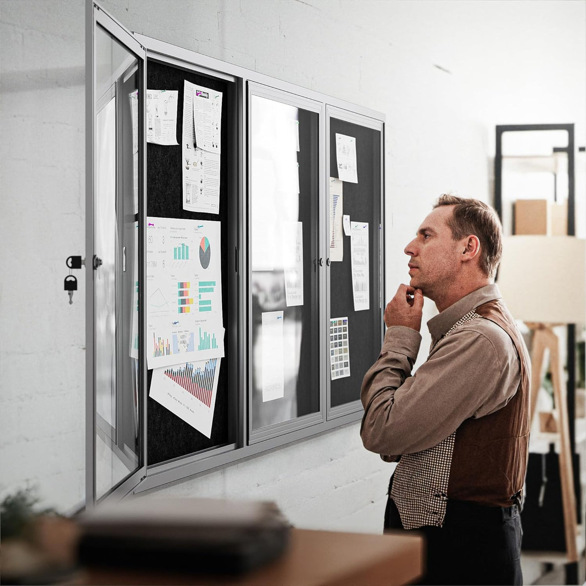 72"x36" Lockable Enclosed Bulletin Board, Outdoor Flet Weather-Resistant Aluminum Frame Notice Board, Wall Mounted Display Case Acrylic Doors for School,Office,Silver Frame w/Black Flet