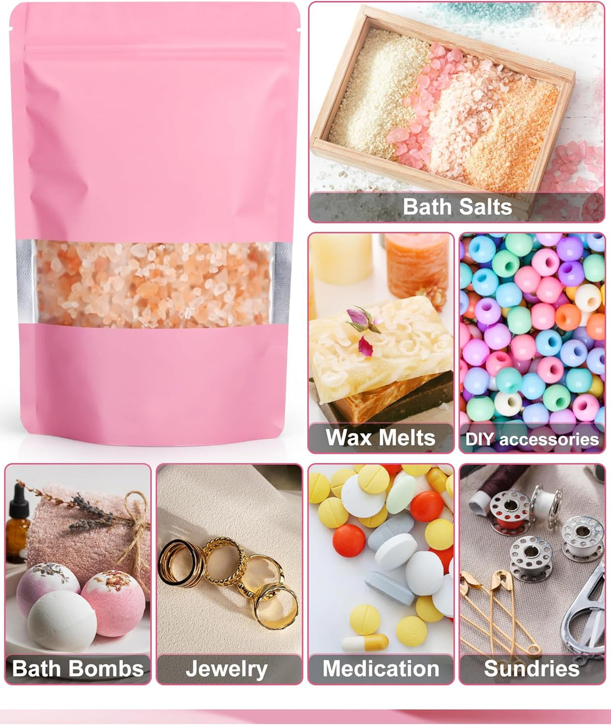 FireKylin 100 Pack Smell Proof Bags 6.3" x 9.4", Resealable Bags with Matte Window, Foil Pouch Stand Up Sealable Bags for Packaging（Pink）
