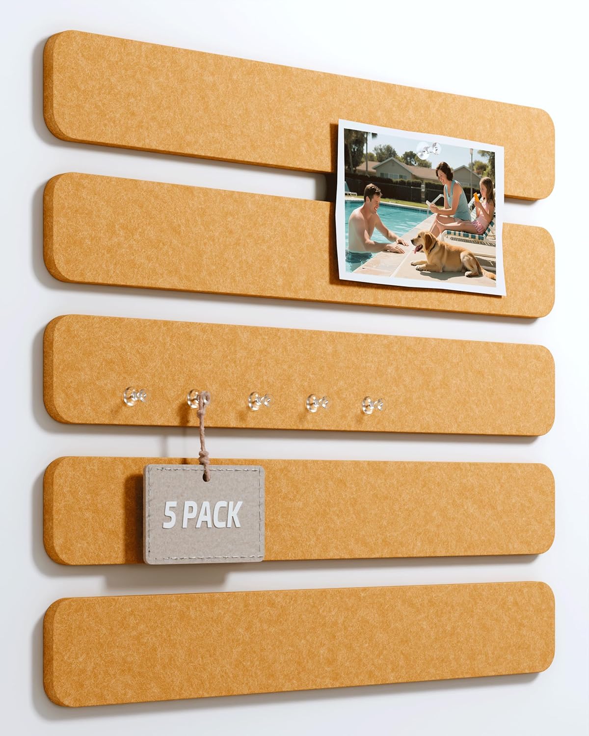 Cork Board Alternative Felt Strip Board 5-Pack 13"x2", Office Pin Board with 35 Push Pins, Adhesive Install for Bedroom Door & Home Office(Gold Bronze)