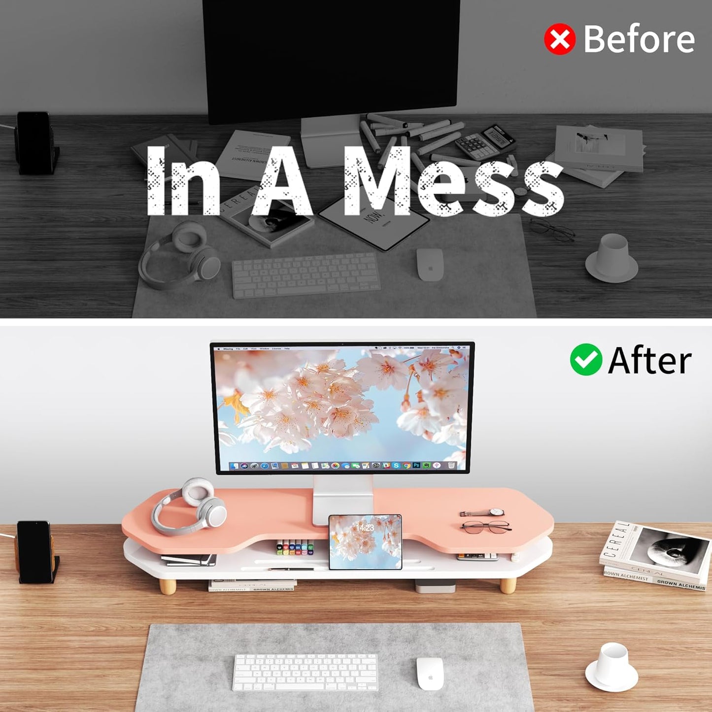 2 Tier Dual Monitor Stand Riser,Wider Board Computer Monitor Stand for 2 Monitors,Slot For Phone/Tablet Office Desktop Organizer for Laptop,PC,Computer,Printer,Pink