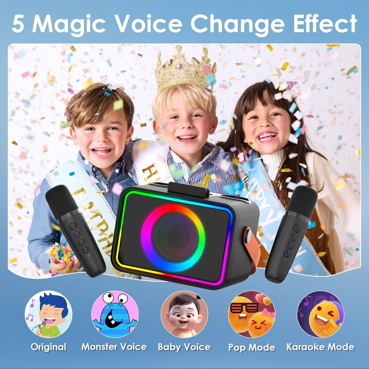 Karaoke Machine,Portable Bluetooth Speaker with 2 Wireless Microphone for Adults & Kids with LED Lights, Karaoke Microphone with PA System Supports USB/TF/AUX,Gift for Party (Black)