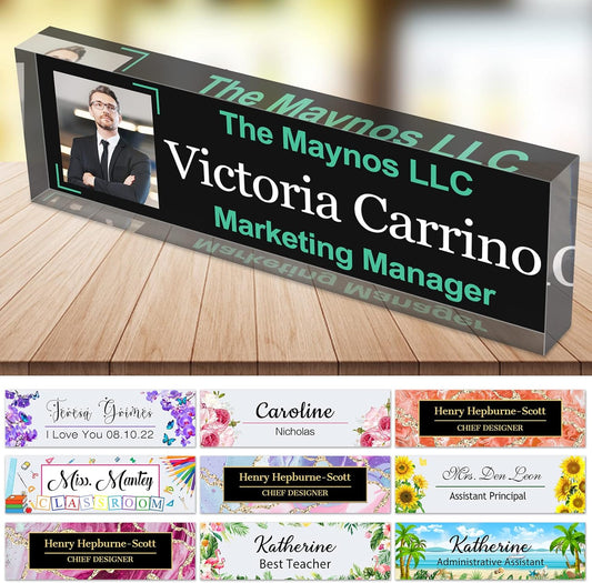 Personalized Desk Name Plate with Photo Custom Name Plaque Sign for Desks Office Customized Desk Plate Acrylic Block Decor Gift 8x2.5 inch