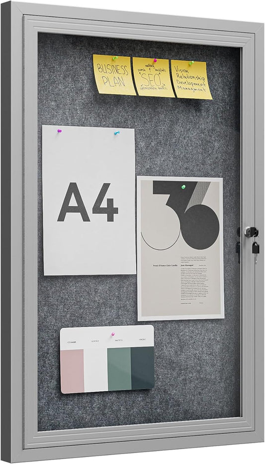 36"x24" Lockable Enclosed Bulletin Board, Outdoor Flet Weather-Resistant Aluminum Frame Notice Board, Wall Mounted Display Case Acrylic Doors for School,Office,Silver Frame w/Grey Flet