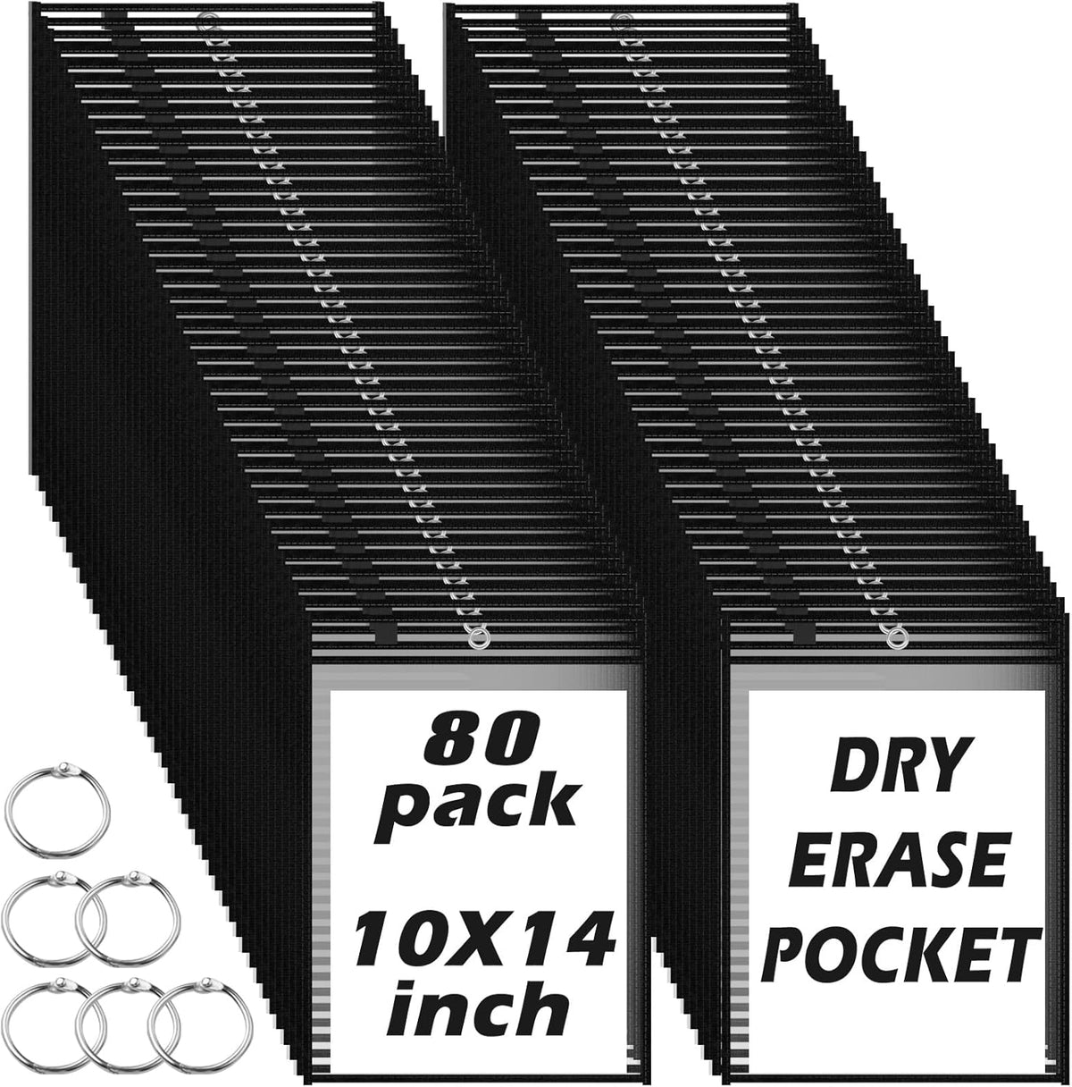 80 Packs Dry-Erase Pockets Bulk Oversized Reusable Dry Erase Pocket Sleeves with 5 Rings, 10x14 Black Ticket Holders, Clear Plastic Sheet Protectors, Teacher School Classroom Supplies
