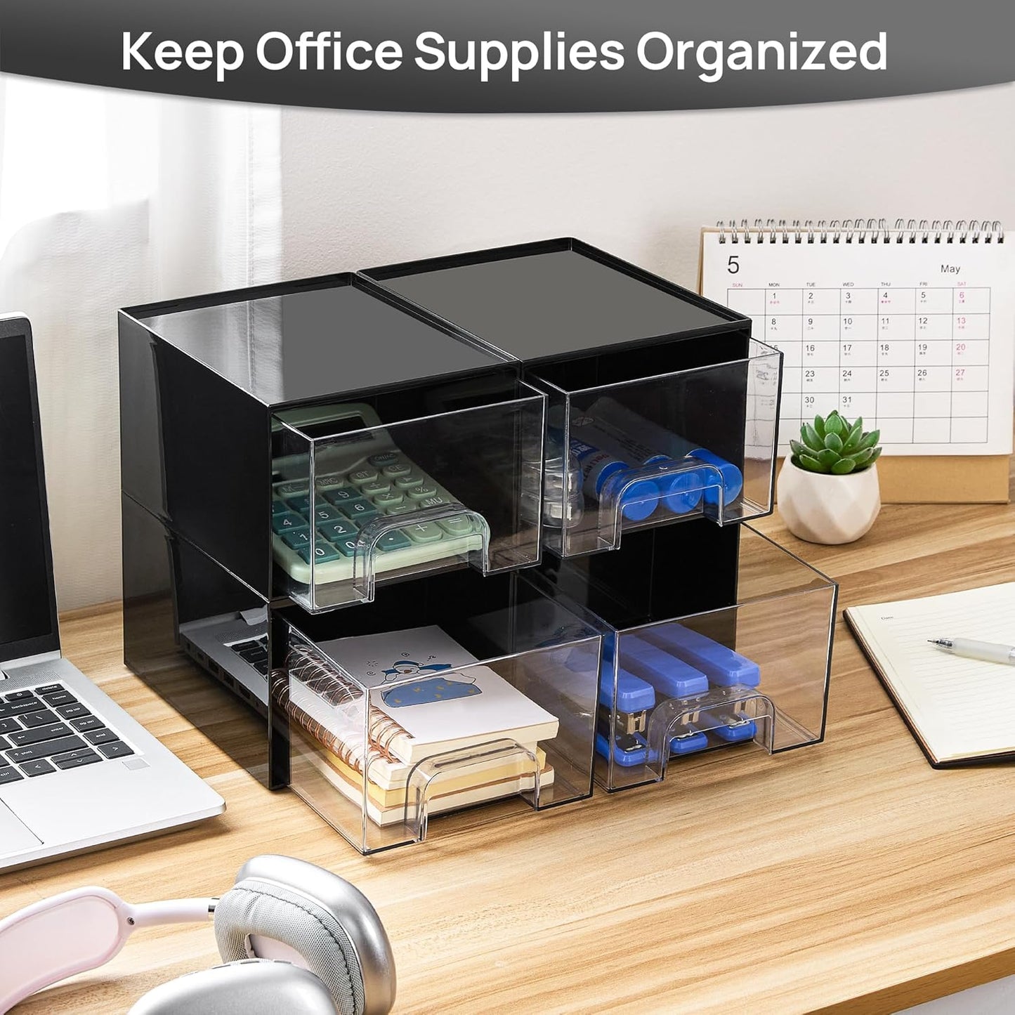 Vtopmart Black Stackable Storage Drawers,4.4‘’ Tall Cologne Organizer for Men,Plastic Containers for Vanity, Dresser,Office Desk,Bathroom Countertop Organization,Ideal for Room Decor,Gifts for Men