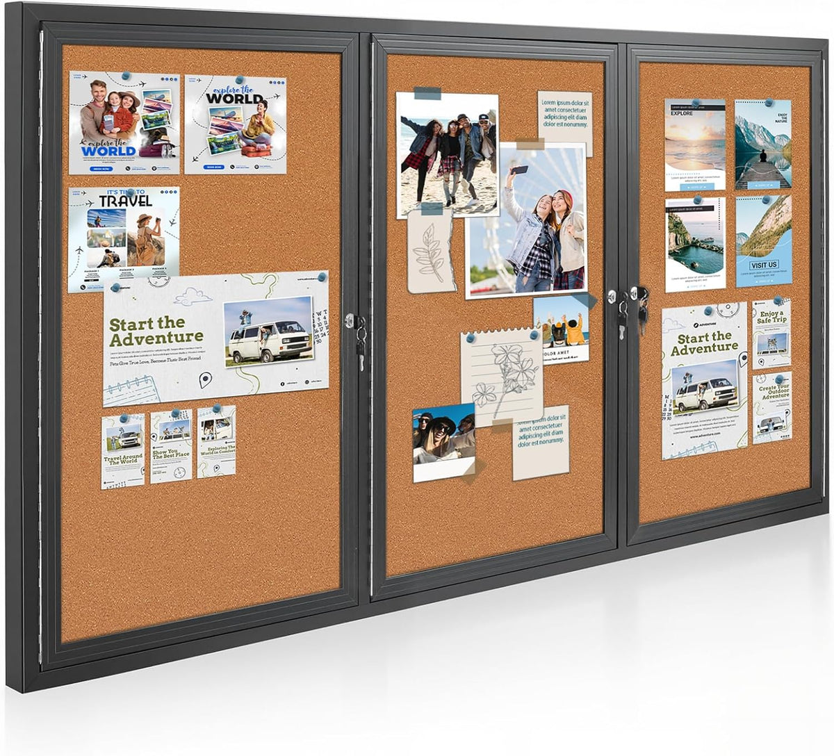 Enclosed Bulletin Board Lockable,3 Doors Weatherproof Outdoor Noticeboard with Locking Door, Wall-Mounted Aluminum Framed Presentation Board, 70x36 Inch