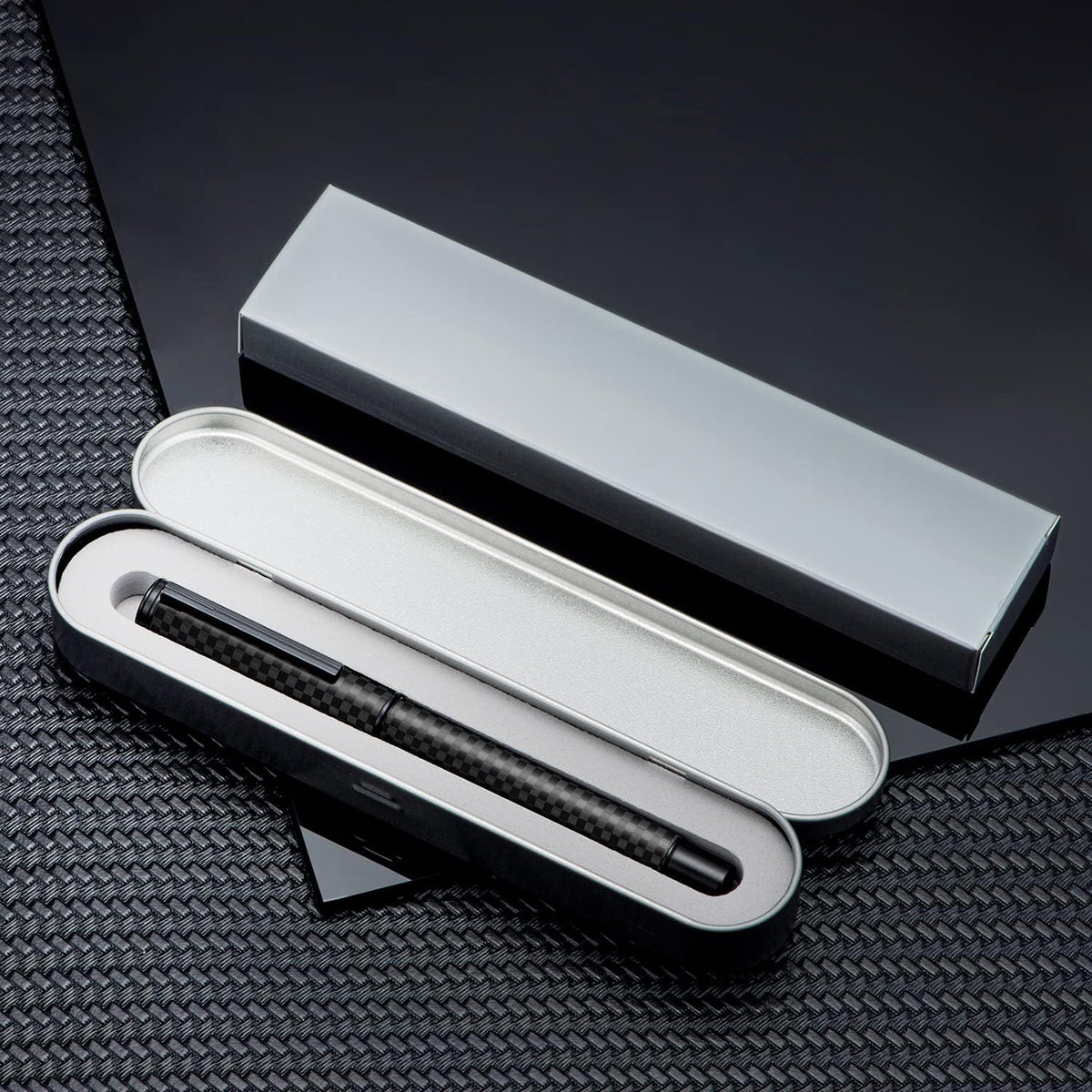 Hongdian Black Carbon Fiber Fountain Pen Extra Fine Nib Elegant Design Smooth Writer with Refillable Converter and Metal Pen Case Set