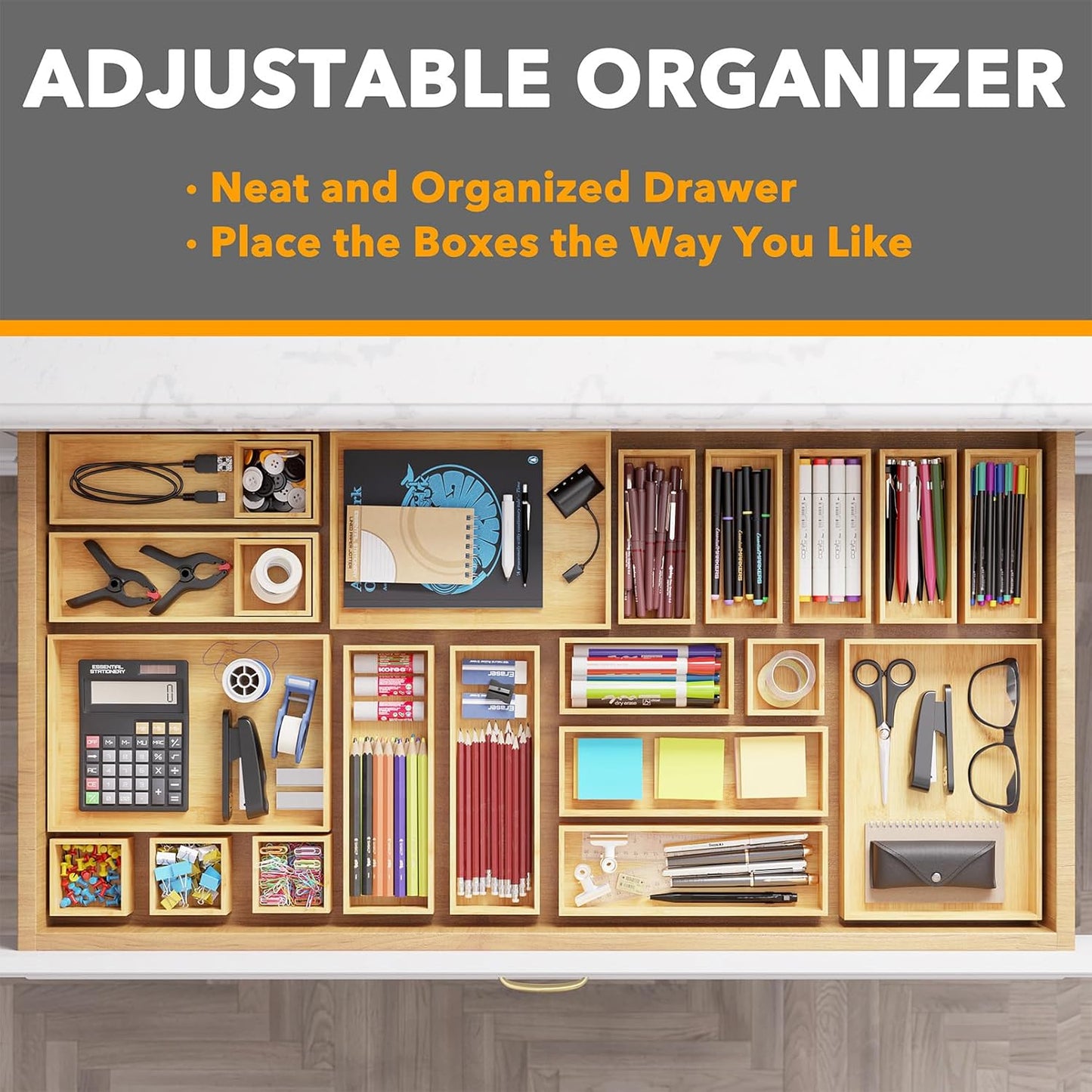 SpaceAid 21-Piece Bamboo Drawer Organizer Storage Boxes Set, Wood Tray Junk Drawer Organizers Multi-Use Divider Bins for Kitchen, Bathroom, Office Desk and Makeup Organization (21 Pack, Natural)