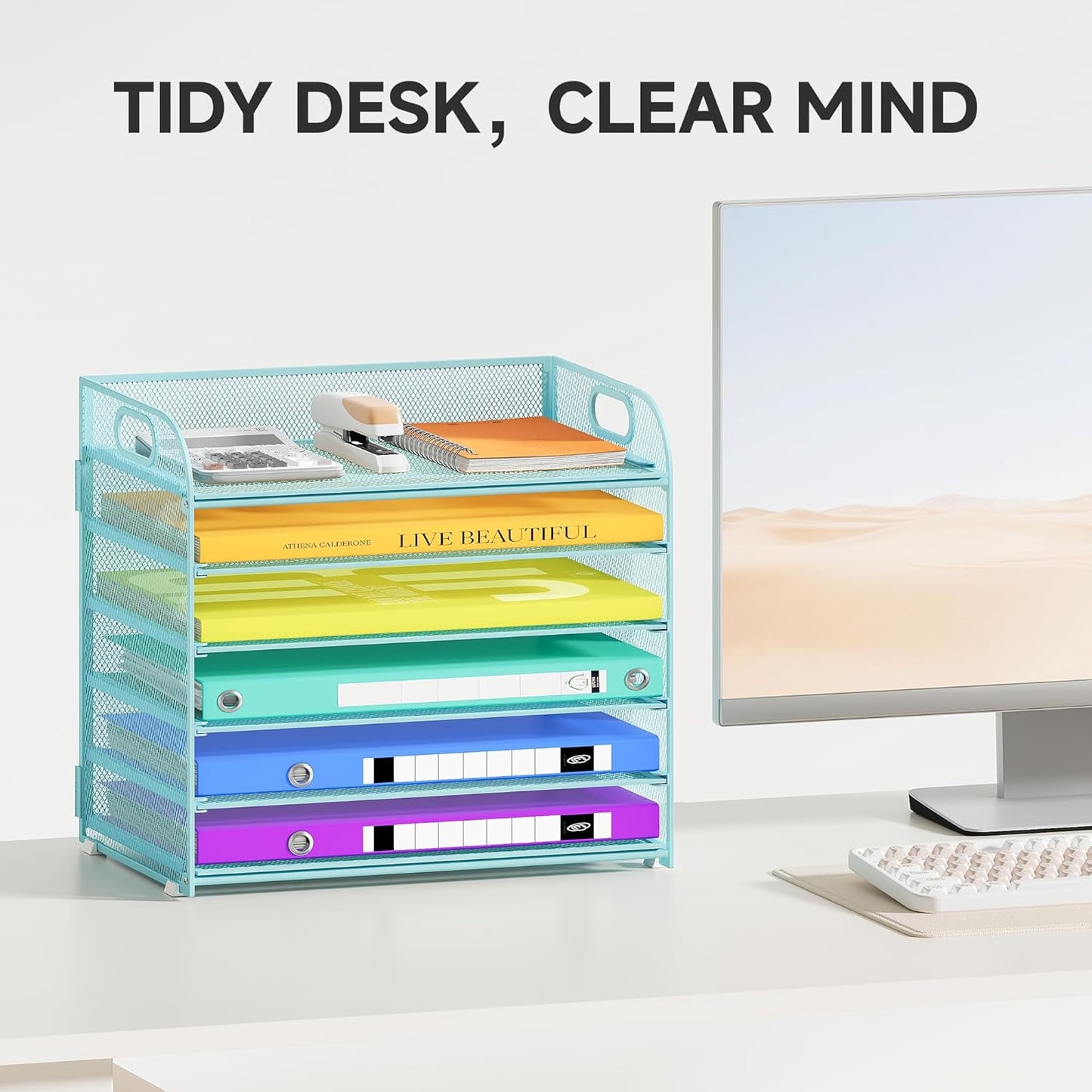 6 Tier Paper Organizer with Handle, Metal Desk Organizer Mesh Paper Letter Tray Desktop File Folder Document Sorter for Classroom, School, Office Accessories Organization and Storage - Blue