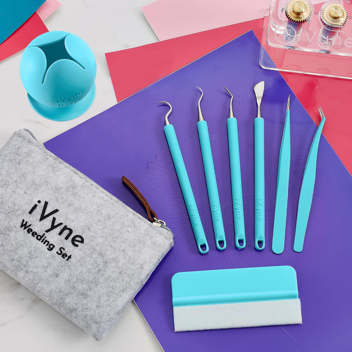 iVyne (8pcs) Premium Vinyl Weeding Tool Kit & Weeding Scrap Collector Soft Grip Tools with Berry, Weeder, Tweezers, Picker Or Hook, and Scraper Set for Silhouette Cameos & Cricut - Blue