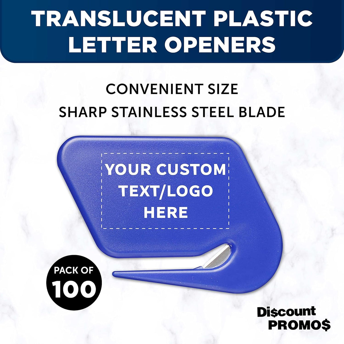 Custom Translucent Plastic Letter Openers Set of 100, Personalized Bulk Pack - Perfect for Home or Office - Blue