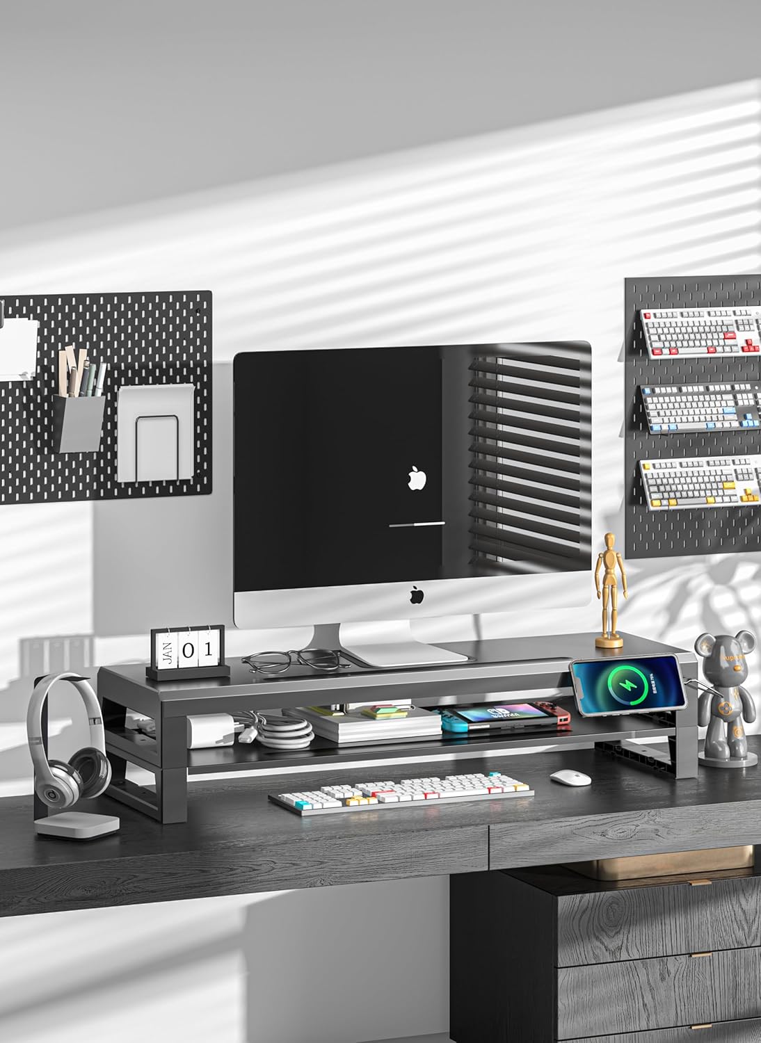 2-Tier Metal Computer monitor stand Laptop Desk Shelf & Monitor Riser ，27.55 inches long desk riser ,22W charging power, 2 USB 3.0 ports, and 1 USB 2.0 port Monitors/PC/Laptop/Computer Space Saver Organizer(USB Hub Fast Charging Version, Two-layer 700mm)