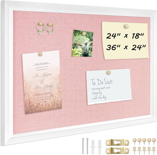 DOLLAR BOSS Bulletin Board with Linen 24'' x 18'' White Framed Cork Boards for Walls, Photo Display Pin Board, Decorative Corkboard for Office Home School Girls Dorm Decor with 10 Pushpins, Pink