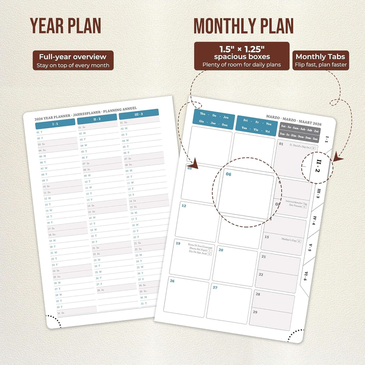 Daily Planner 2026 with One Page Per Day,(A5-8.5" x 5.9"),12 Months Calendar Hourly Appointment Book Monthly Tabs&Self-adhesive Pen Holder,Inner Pocket,Durable Vegan Leather Hardback,Brown