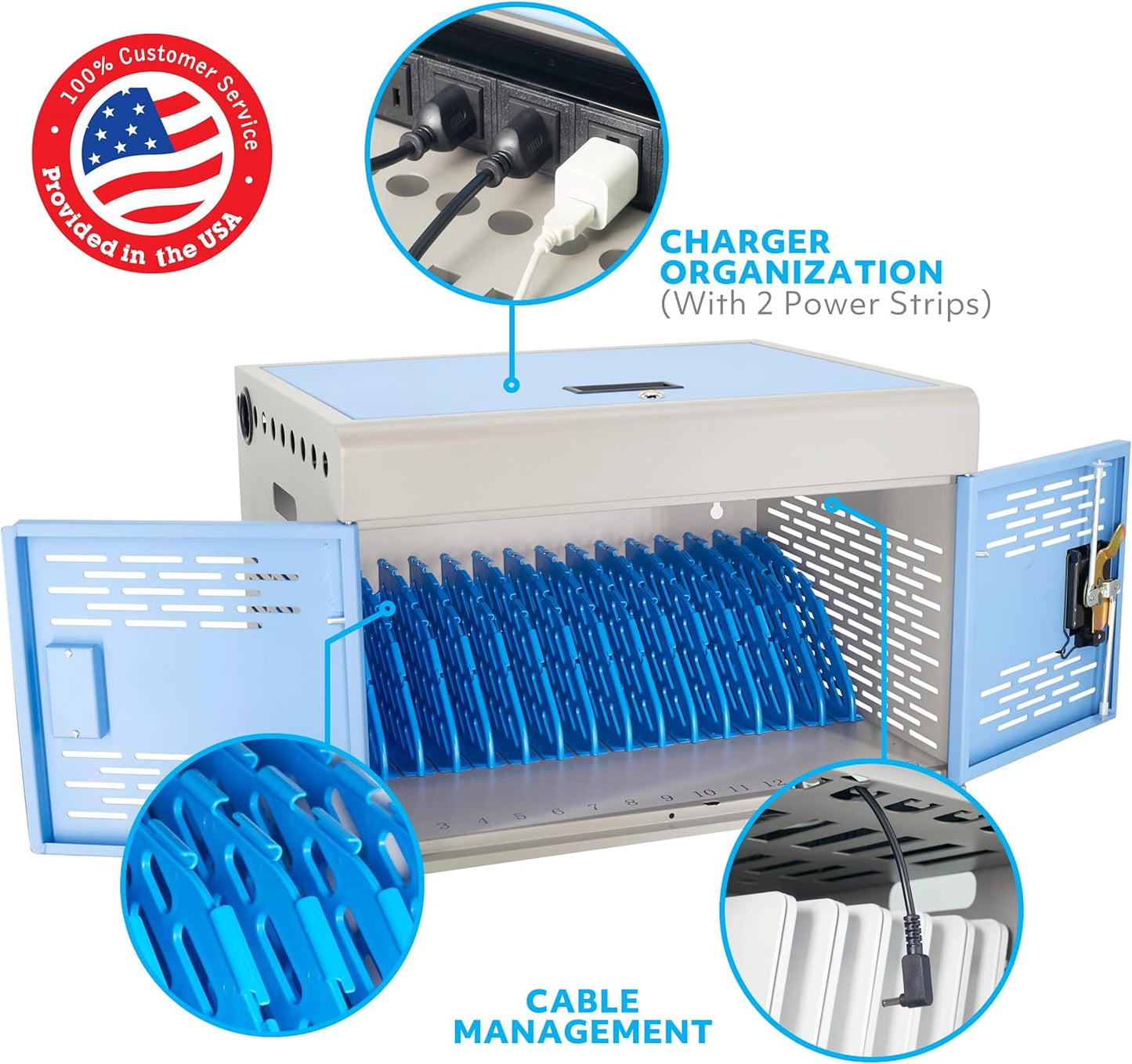 16-Unit Charging Cabinet for Laptops & Tablets - Locking Laptop Storage Box with Cable Management, Charger Storage, and Ground Protection for Classroom, Library, and Office(Blue)