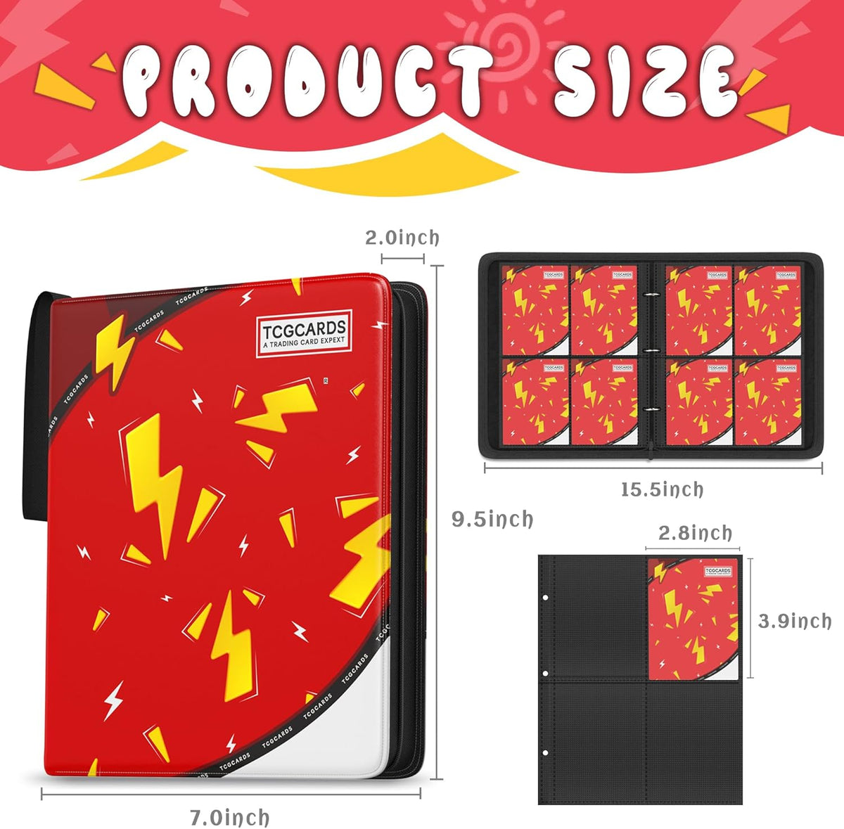 Trading Card Binder 4 Pocket，Card Binder 400 Pockets Card Book Holder Cards with 50 Removable Sleeves，3-Ring Zip Design MTG/TCG/Sport Collectible Trading Card Albums Gifts for Boys and Girls (Red)