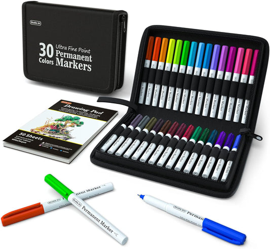 Shuttle Art Permanent Markers, 30 Assorted Colors Ultra Fine Point Permanent Marker Packed in Travel Case, Ideal Colored Markers Set for Adults Coloring Doodling on Plastic, Glass, Gift for Teens