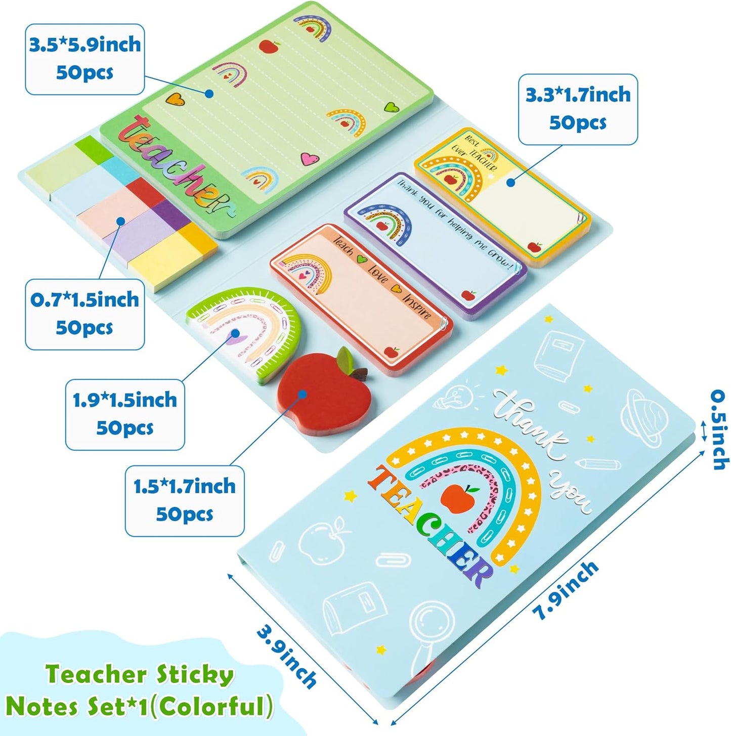 Xqumoi Boho Rainbow Teacher Sticky Notes Set, 550 Sheets, Thank You Teacher Self-Stick Note Pads Teacher Appreciation Gift Writing Memo Pads Page Marker Back to School Office Supplies (Color)
