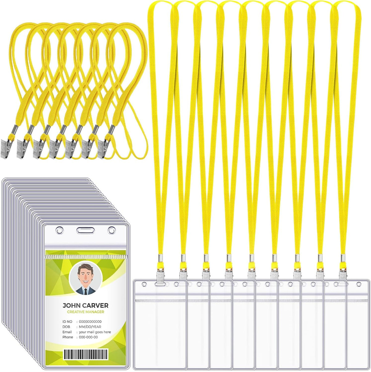 Marspark 100 Pcs Name Tag Lanyards with ID Holder Lanyards for ID Badges Resealable Flat Neck Name Tag with Clip Waterproof Plastic Clear Badges Bulk for School Office Supplies (Yellow)