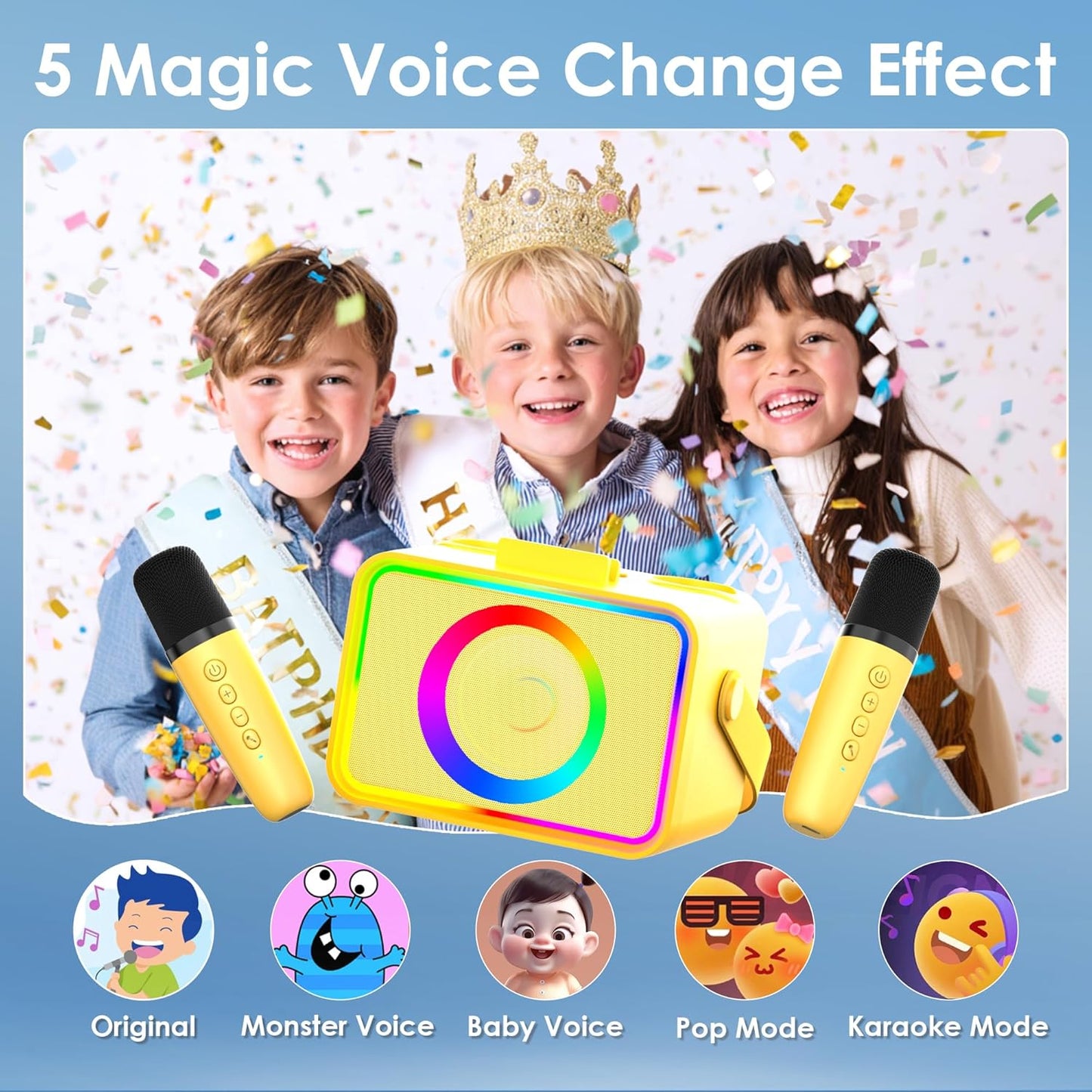 Karaoke Machine,Portable Bluetooth Speaker with 2 Wireless Microphone for Adults & Kids with LED Lights, Karaoke Microphone with PA System Supports USB/TF/AUX,Gift for Party (Yellow)